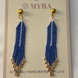 Myra Bag Royal Blue and Gold Beaded Dangle Earrings, New in Packaging